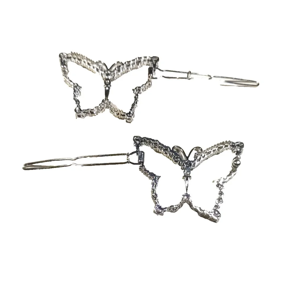 Lot of 2 hair barrettes butterfly silver tone Rhinestones